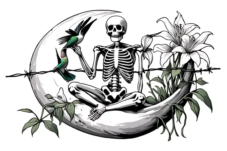 Skeleton Sitting On Half Moon Holding A Hummingbird And Lilies Growing On Barbed Wire