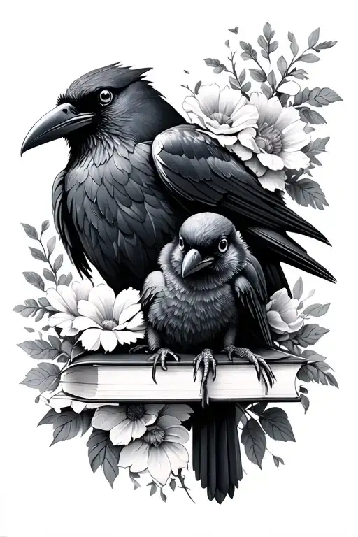 Raven And Baby Raven With Flowers And Books