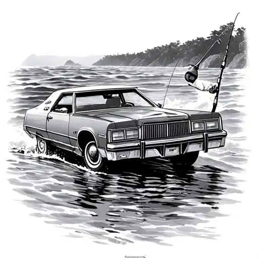 1976 Ford Ltd With Fishing Rod Being Cast Into The Ocean