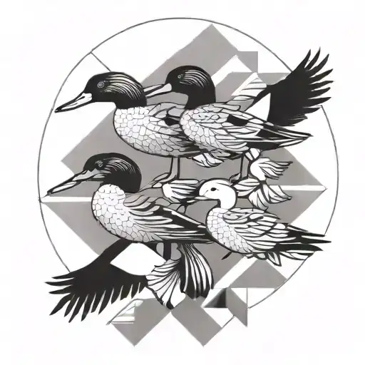 A Black And Grey Geometric Design Incorporating Ducks And Geese