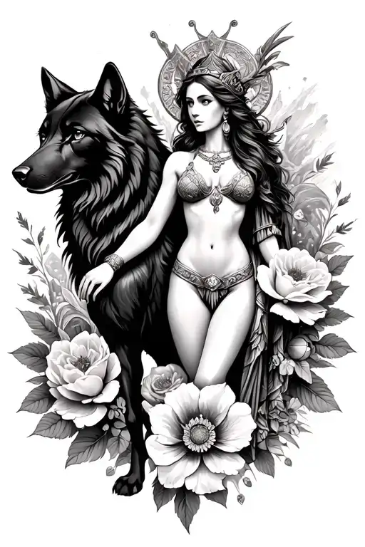Aries Sexy Athena Goddess Surrounded By Poeny Flowers And Black Wolf With Mountains