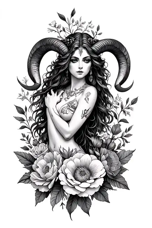 Aries Sexy Goddess Surrounded By Poeny Flowers Symbolizing