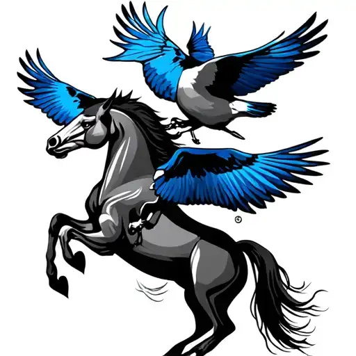 Blue Jay Birds Flying Over A Horse