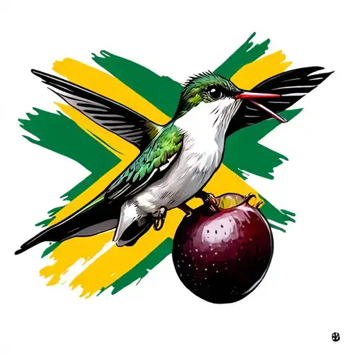 Doctor Bird Hummingbird Sipping From Ackee Fruit With Jamaican Flag Background