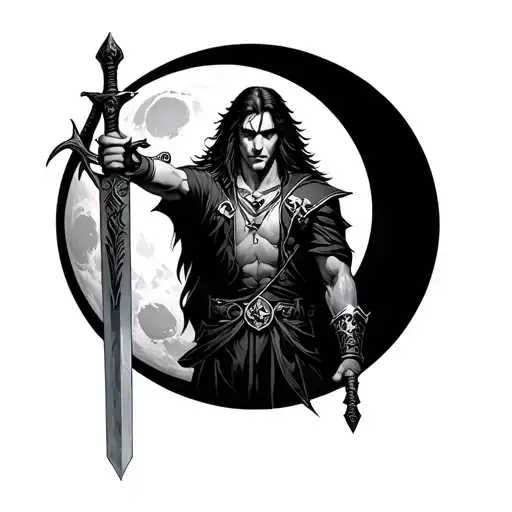 Castlevania Moon Logo With Alucard From Castlevania Holding His Sword Up Ward