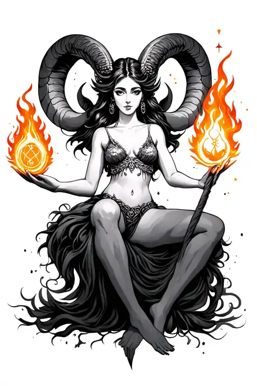 Aries Sexy Goddess In Space Holding Fire With Zodiac Symbols