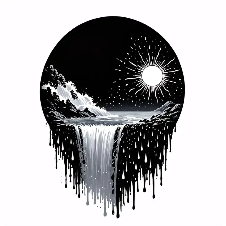 A Sun Melting Into A Waterfall That Turns Into Rain Drops