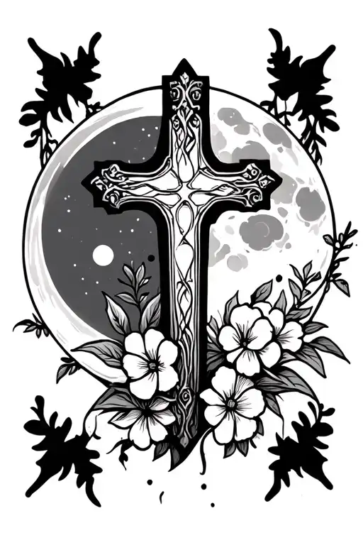 Cross In Front Of Moon With Flowers