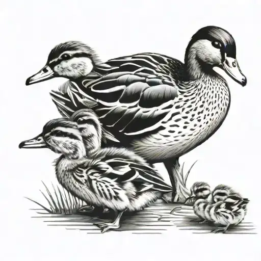 Mother Duck Hugs Two Little Ducklings