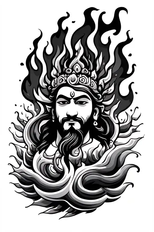 Newari God With Fire And Water Waves With Color