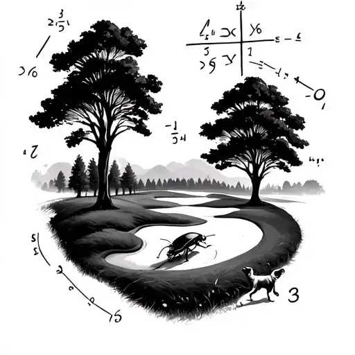 A Golf Course Landscape With Math Equations Hidden In The Trees And A Dog Chasing A Beetle