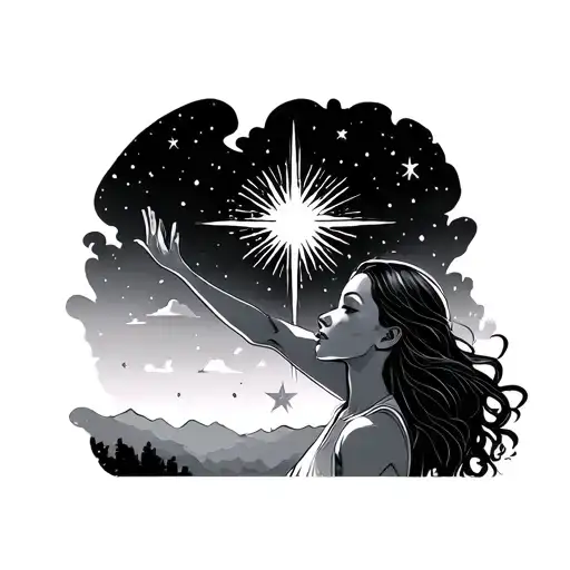 Woman Reaching For Star In Sky