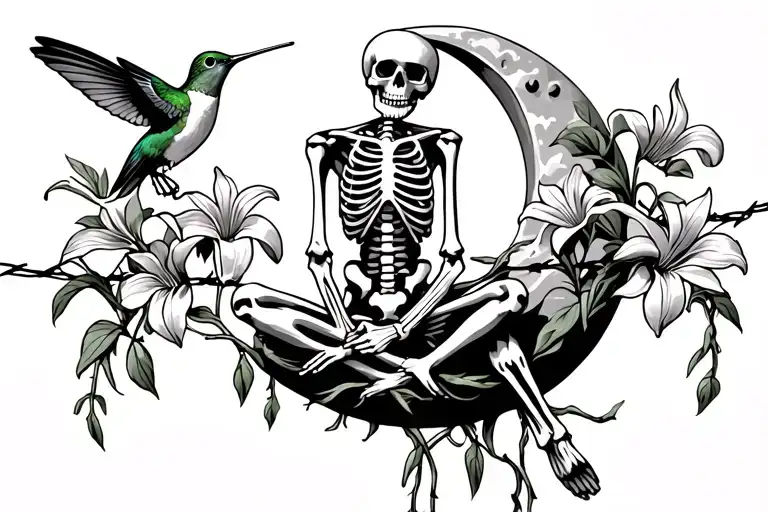 Skeleton Sitting On Half Moon Holding A Hummingbird And Lilies Growing On Barbed Wire