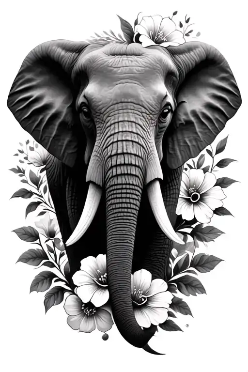 Realistic Elephant Head With Flowers Intertwined