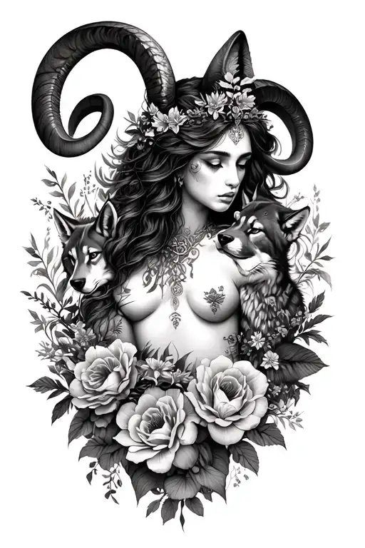 Aries Sexy Goddess Surrounded By Flowers And Wolfs