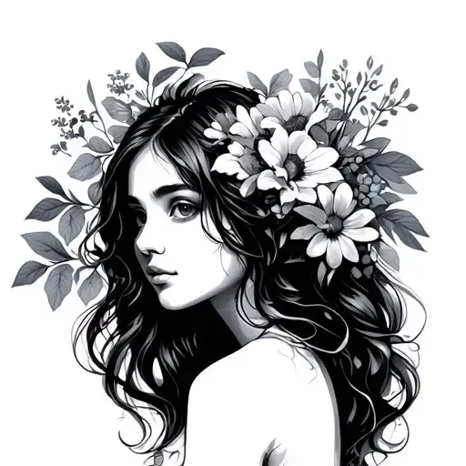 Beautiful Young Long-haired Girl With A Bouquet Of Flowers