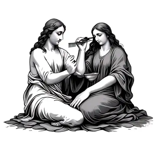 Women At Jesus Feet Anointing Him And Brushing Her Hair On His Feet