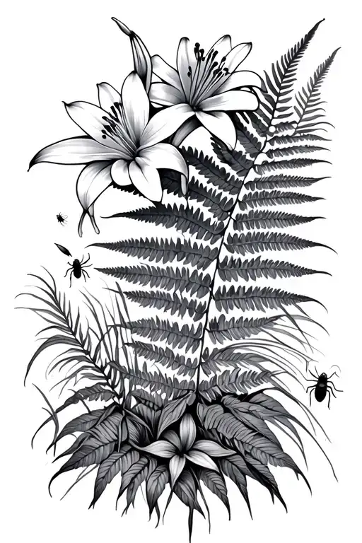 Spider Lilies Some Blooming With Spiders And Other Bugs Crawling On Fern And Some Grasses