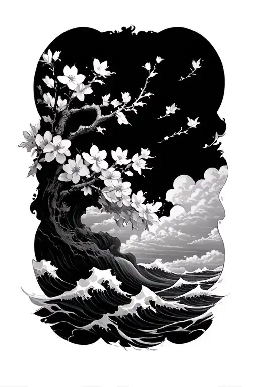 Cherry Blossoms Clouds Waves Crashing