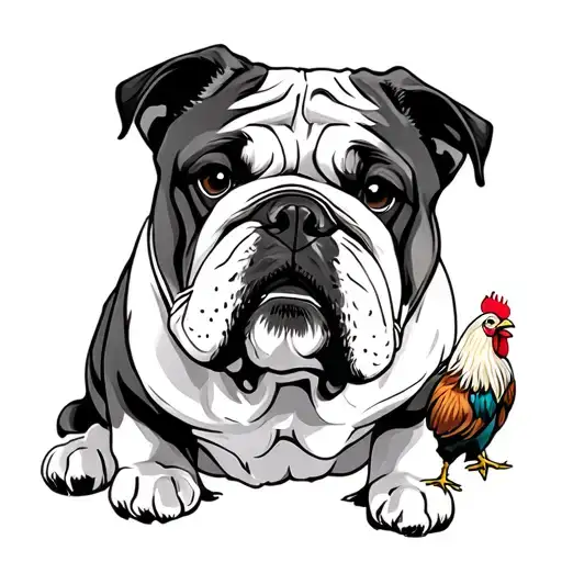 English Bulldog With A Kiwi Bird And A Rooster