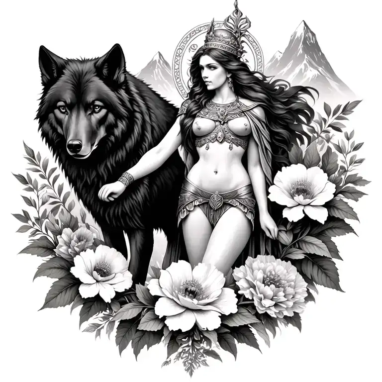 Athena Sexy Goddess Surrounded By Poeny Flowers And Black Wolf With Mountains