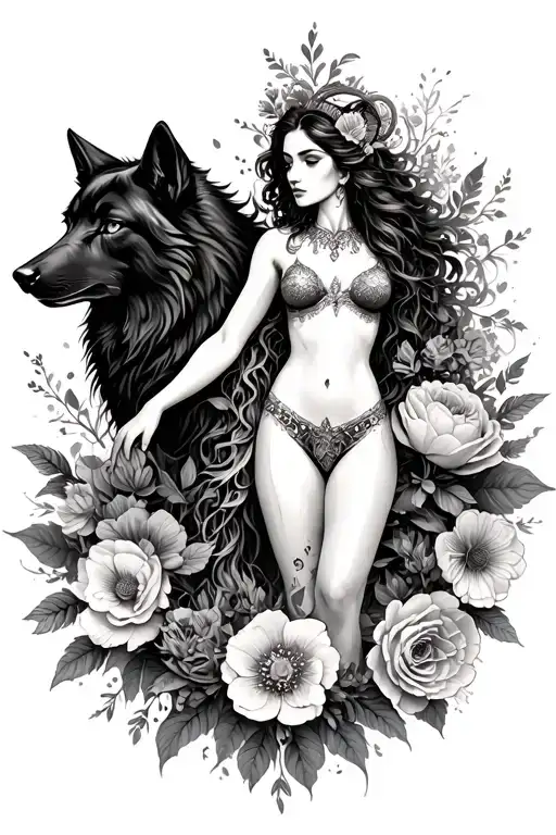 Aries Sexy Goddess Surrounded By Poeny Flowers And Black Wolf With Mountains
