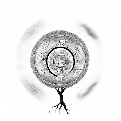 A Black-grey Tattoo Of A Family Tree With Money Leaves And A Globe As The Roots