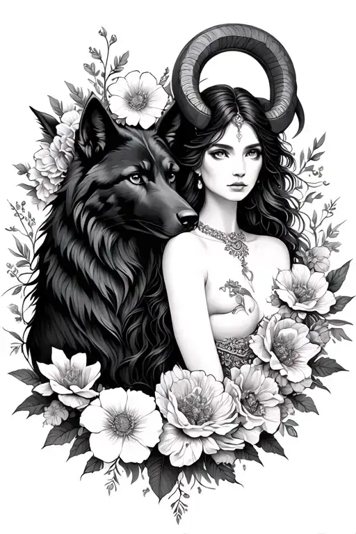 Aries Sexy Goddess Surrounded By Flowers And Black Wolf