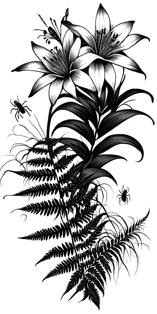 Spider Lilies Some Blooming With Spiders And Other Bugs Crawling On Fern And Some Grasses