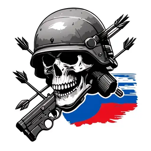 Skull In A Helmet Against The Background Of The Russian Air Defense Flag With A Gun And Arrows