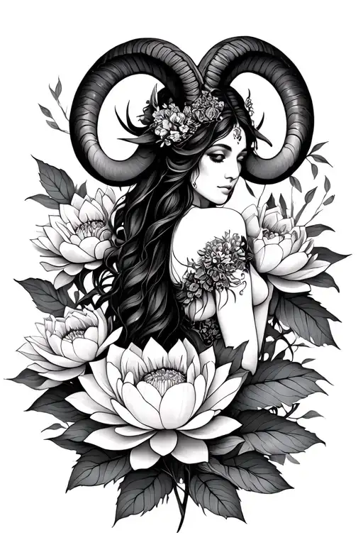 Aries Sexy Goddess Surrounded By Lotuses And Peony Flowers Growing Intertwining