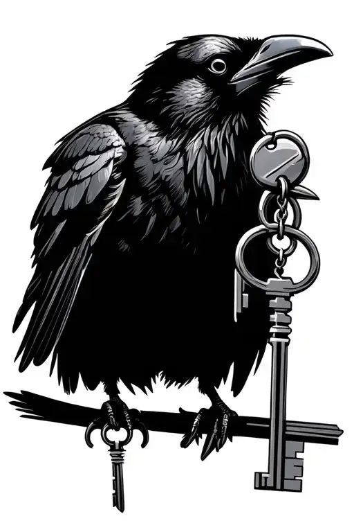 Black Crow Sitting Dangling Prison Keys From Beak