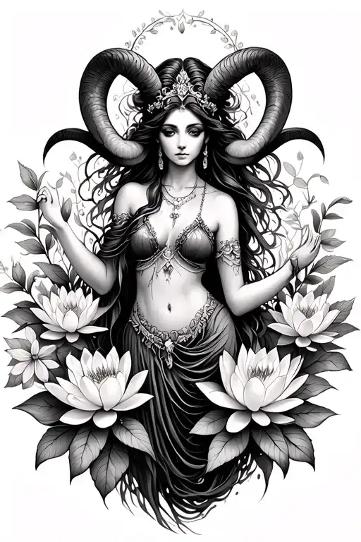 Aries Sexy Goddess Surrounded By Lotus And Honeysuckle Flowers Growing
