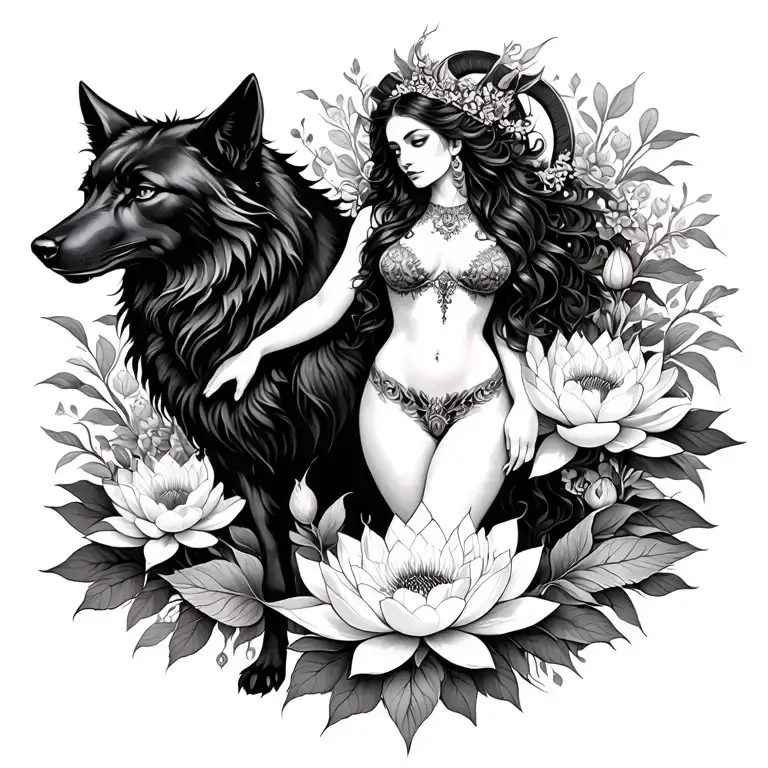 Aries Sexy Goddess Surrounded By Poeny And Lotus Flowers And Black Wolf