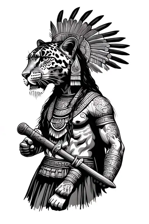 Mayan Warrior With Leopard Head Holding A Macuahuitl