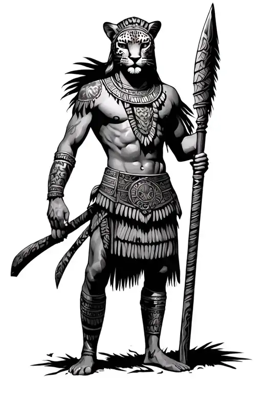 Mayan Warrior With Leopard Mask Holding A Macuahuitl