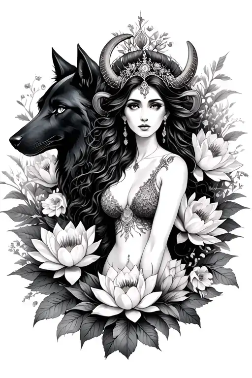 Aries Sexy Goddess Surrounded By Poeny And Lotus Flowers And Black Wolf