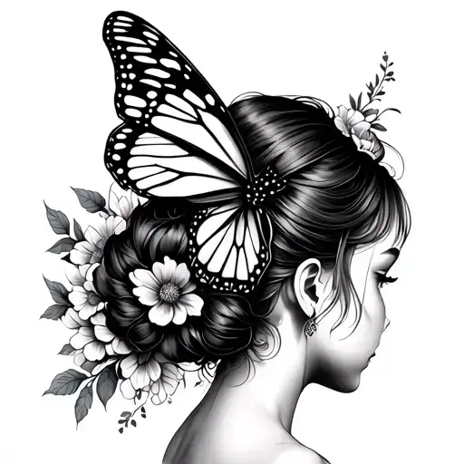 Girl With Hair In Bun With A Butterfly Wing And A Wing Of Flowers