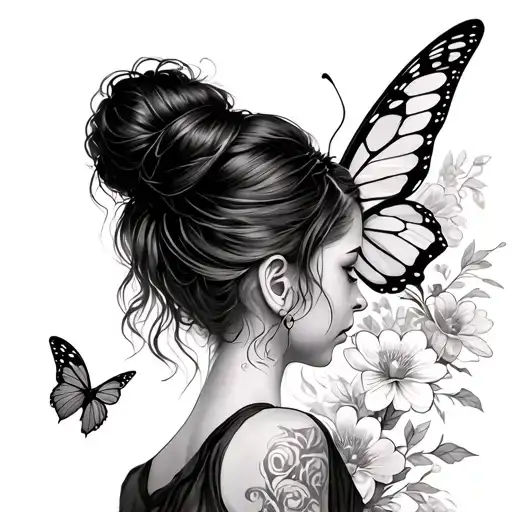 Girl With Hair In Bun Looking Over Her Shoulder And Butterfly Wing And A Wing Of Flowers