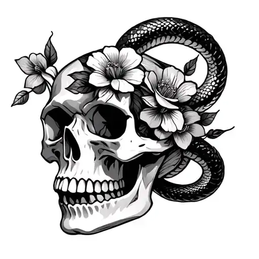 Skull With Snake Around With Flowers