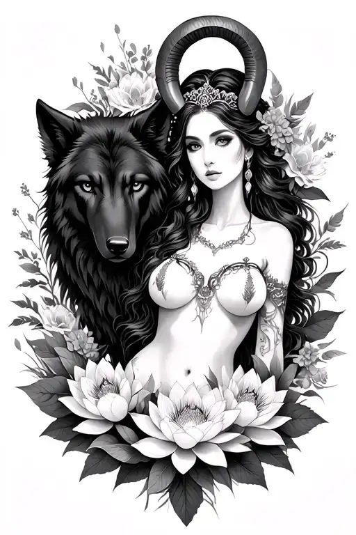 Aries Sexy Goddess Surrounded By Poeny And Lotus Flowers And Black Wolf