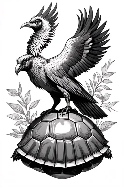 Tortoise With A Pheonix Sitting On Its Shell Turn