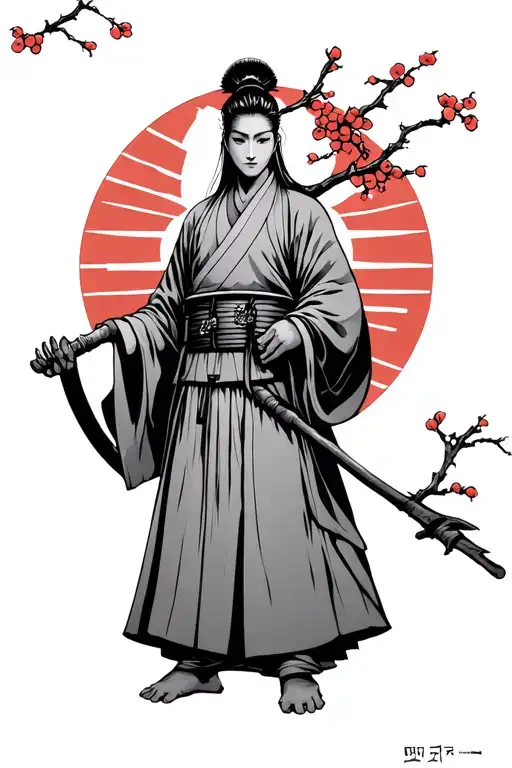 Japanese Raising Sun Samarai Standing By Cherry