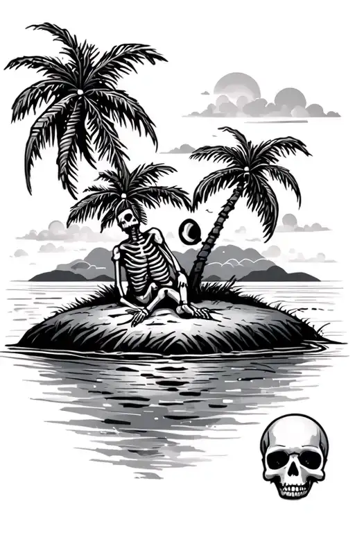 A Beach Scene With A Small Skeleton And Palm Trees Sitting On And Island With Water Around It
