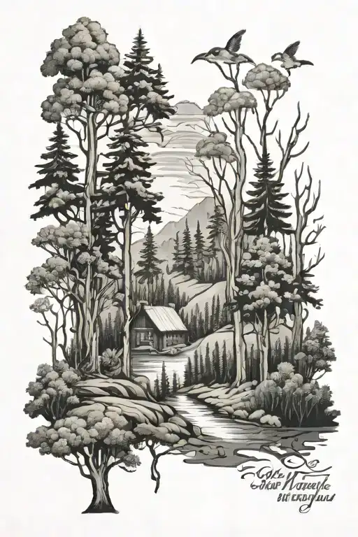 A Black-grey Tattoo Of A Forest Scene With Zach Bryan Lyrics Incorporated Into The Trees