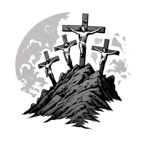 Three Crosses With Crucified People On A Mountain
