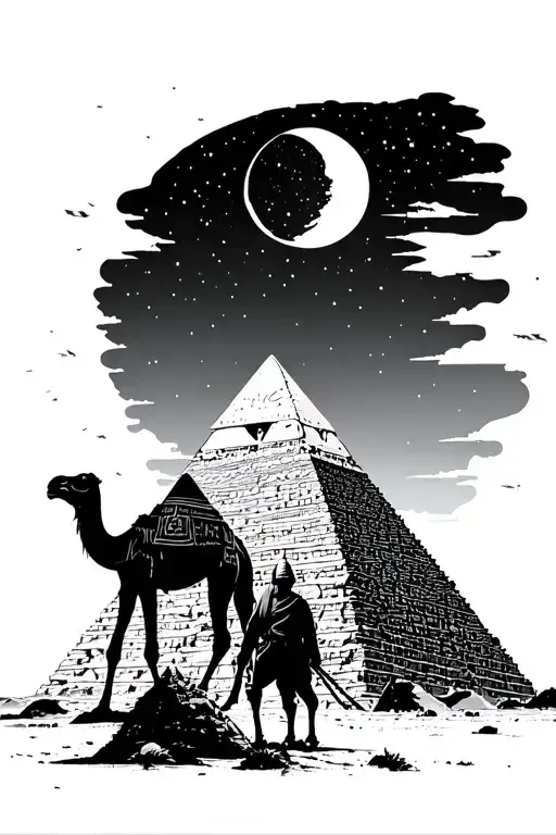 Pyramids With Camel Walking Under It Being Guided By Man With Dark Starry Sky Above And Moon