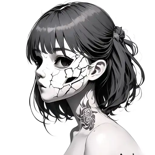 A Anime Girl With A Broken Porcelain Mask Side Profile
