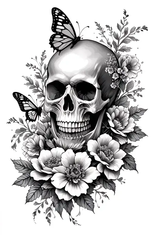Skull And Flowers And Butterfly Sleeve