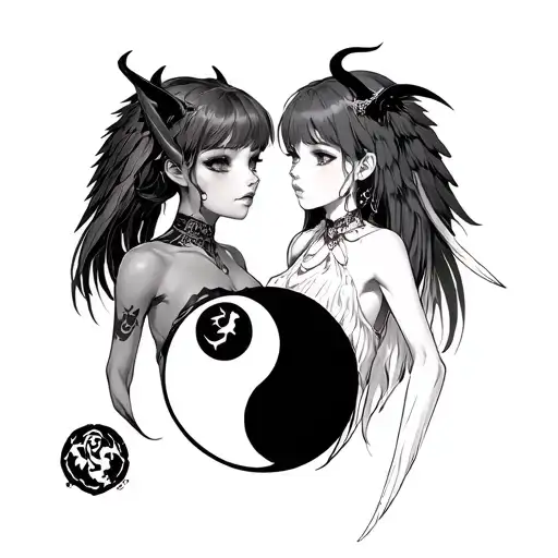 Anime Demon Girl And Anime Angel Girl In Ying And Yang Symbol
